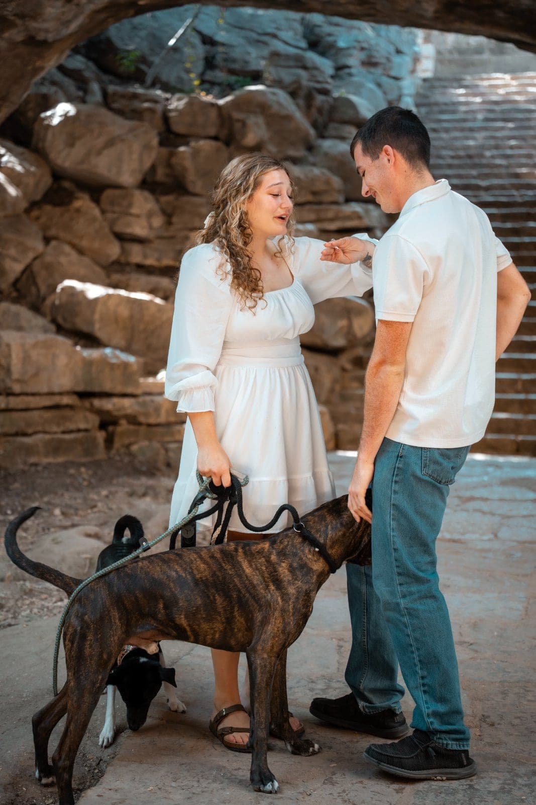 Engaged couple sharing a playful moment with their two dogs during an outdoor engagement session in Burnet, Texas.